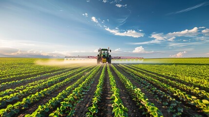 Poster - Tractor spraying soybean field under blue sky