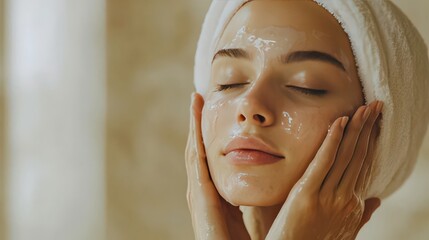 Young woman taking care of her acne-prone skin with care and gentleness, focusing on a delicate skincare routine.