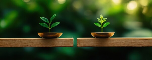 Two small green plants in wooden bowls, symbolizing growth and nature harmony in a serene, lush environment.