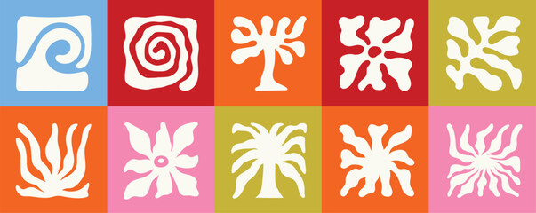 Aufkleber - Vector logo and print design templates, summer palms, tropical hand drawn illustrations,  palm trees boho elements, grid patterns and prints with square elements for social media and posts, stationery