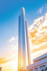 Wall Mural - Modern skyscraper gleaming under a sunset sky in an urban landscape