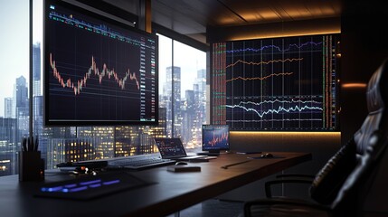 A digital financial chart showing stock market fluctuations, displayed on a large monitor in an investment office