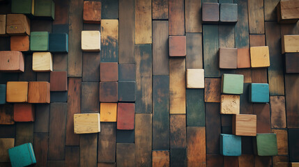 colorful wood blocks on grungy wood backdrop, texture background or wallpaper