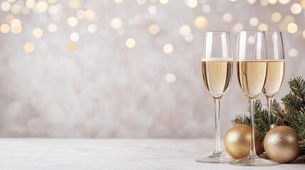 A vibrant New Year celebration featuring champagne glasses and golden decorations set against a shimmering bokeh background with ample copy space