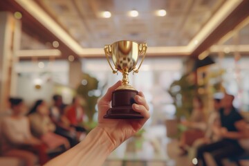 A golden trophy symbolizes success as a team member is honored with applause, embodying the spirit of employee appreciation and achievement.