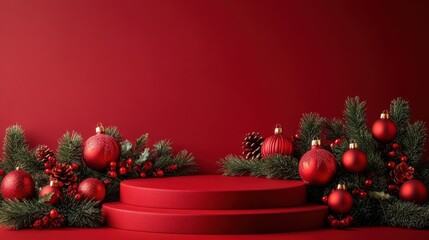 Poster - Christmas podium with festive ornaments on a solid red background