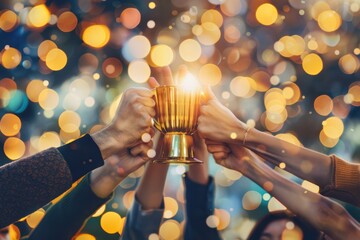 Poster - A golden trophy symbolizes success as a team member is honored with applause, embodying the spirit of employee appreciation and achievement.