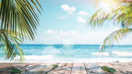 Canvas Print - Tropical Beach Paradise with Wooden Table