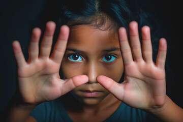 Child signaling stop, advocating against child exploitation. Together we can strengthen.