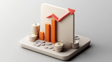 Stylized illustration of financial growth with ascending bars, coins and an upward arrow, symbolizing success and profit.