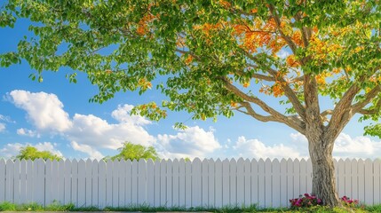 Wall Mural - a lush tree arches over a white fence under a blue sky, creating a warm, inviting summer scene.