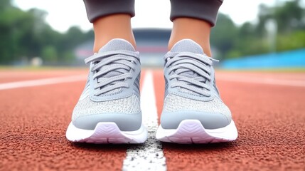 Wall Mural - A person wearing grey and white sneakers on a running track, AI