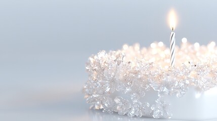   A birthday cake with a single lit candle on a white surface against a gray background, adorned with small crystal beads