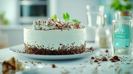   A close-up of a cake on a table with two bottles of water in the background