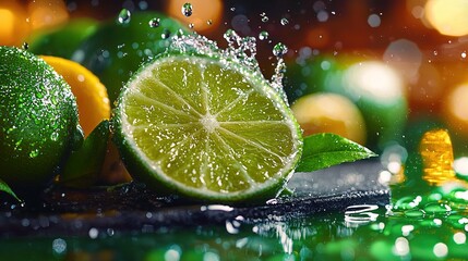   A lime cut in two sits atop a table with a knife and lemonade bottle nearby