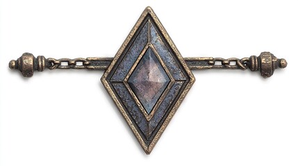   A close-up of a metal object with a diamond-shaped object at its center, framed in the middle