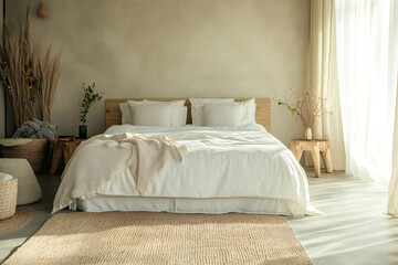 A luxurious white bed in a minimalist room 