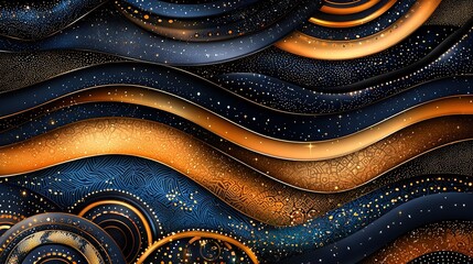 Wall Mural -  A painting depicts a golden-blue wave, starry sky, and a moon at its center