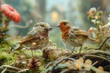 Wall Mural - Two birds perched on a branch in a whimsical forest setting