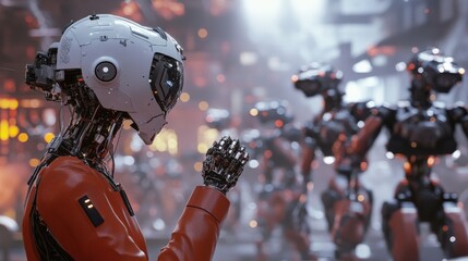 Poster - A humanoid robot stands thoughtful in a high-tech city, watching other robotic figures as the sun sets, casting dynamic shadows on the surroundings