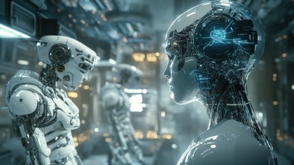 Poster - Humanoid robots display high-tech features while interacting in a futuristic laboratory filled with advanced technology