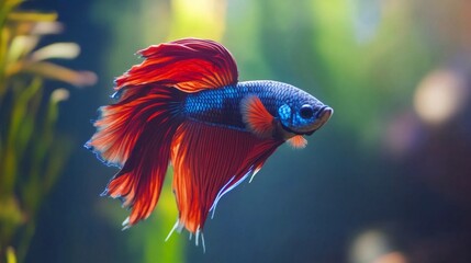 Poster - Close-up of a Betta fish with a mesmerizing array of colors and delicate fins, swimming elegantly through a well-decorated aquarium environment.