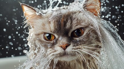 Poster - Close-up of a cat enjoying a bath, with water droplets on its fur and a content expression, showing the details of its wet fur and playful splashes.