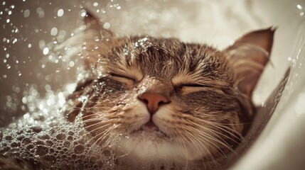 Poster - Close-up of a cat enjoying a bath, with water droplets on its fur and a content expression, showing the details of its wet fur and playful splashes.