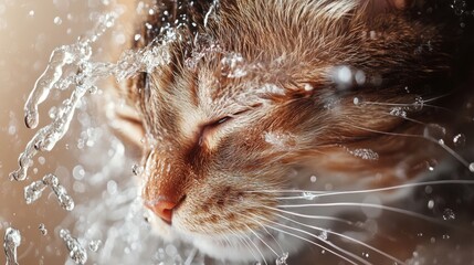 Poster - Close-up of a cat enjoying a bath, with water droplets on its fur and a content expression, showing the details of its wet fur and playful splashes.