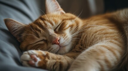 Aufkleber - Close-up of a chubby cat peacefully sleeping, curled up with its paws tucked under, its soft fur and round belly rising gently with each breath.