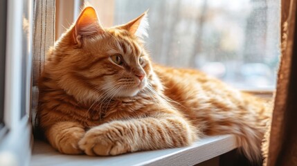 Poster - Close-up of a chubby orange cat lazily lounging on a windowsill, its fur glowing in the sunlight as it curiously looks outside.