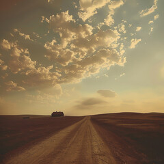 Wall Mural - A dusty country road under a vast, open sky, merged with the distant silhouette of a lone farmhouse standing against the horizon. 64k, UHD, High definition a?