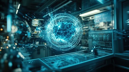 Poster - A glowing sphere of energy floats in a high-tech lab, showcasing the concept of quantum teleportation amidst advanced scientific equipment