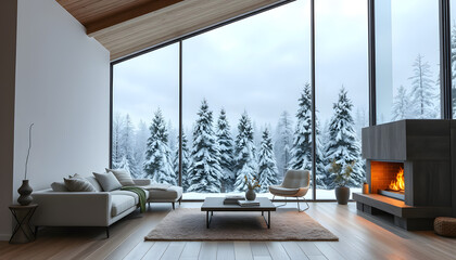 Wall Mural - modern living room with fireplace and beautiful snowy forest view isolated with white highlights, png