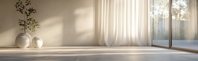 Poster - Warm white interior design featuring a white cement wall tiled flooring and curtains with sunlight streaming through the window and creating shadows 3D rendering
