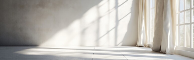 Poster - Warm white interior design featuring a white cement wall tiled flooring and curtains with sunlight streaming through the window and creating shadows 3D rendering