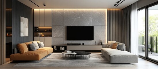 Poster - Stylish living room with a sofa coffee table and TV in a modern apartment featuring a grey marble wall showcased in a 3D rendering with Scandinavian minimalism