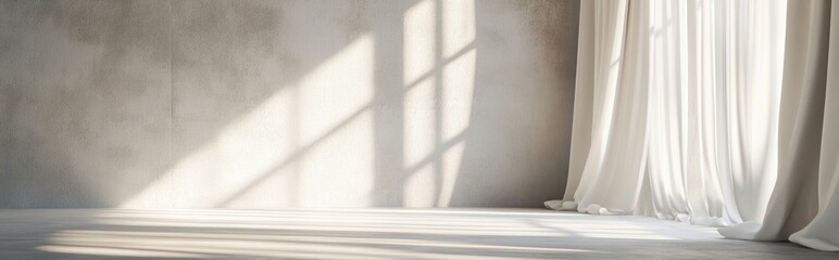 Poster - Warm white interior design featuring a white cement wall tiled flooring and curtains with sunlight streaming through the window and creating shadows 3D rendering