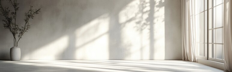 Poster - Warm white interior design featuring a white cement wall tiled flooring and curtains with sunlight streaming through the window and creating shadows 3D rendering