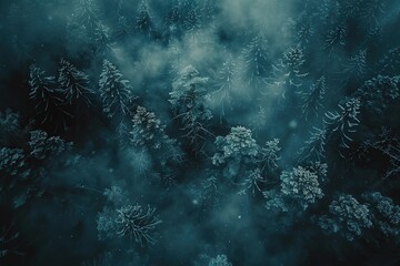 Poster - Aerial View of a Snowy Forest in Winter