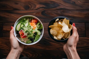 One hand holding bowl of vegetable salad, other holding chips. Healthy natural organic fresh vegetarian food vs unhealthy processed fast junk food. Lunch or snack decision green choice meal dieting