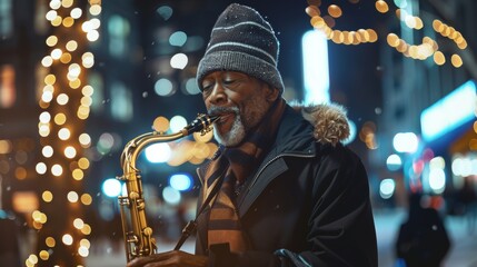 dark-haired man playing saxophone in defocused city with christmas lights