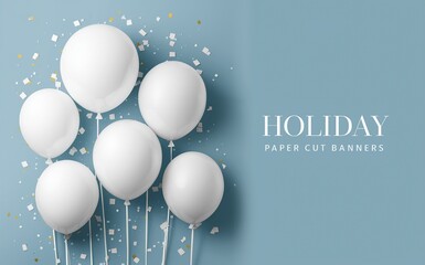 Picture of holiday banner with white balloons on sky background. Generative ai.