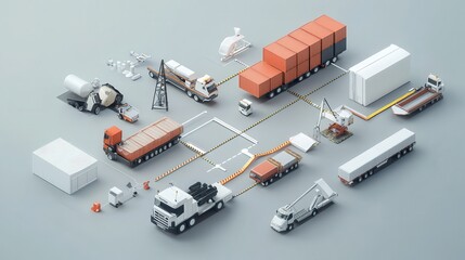 3D rendering of a logistics supply chain with transportation elements like trucks, containers, and warehouses on a grey background.