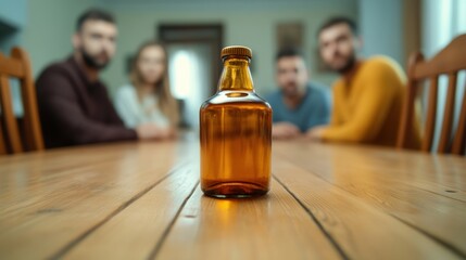 Canvas Print - A group of people sitting around a table with an empty bottle, AI