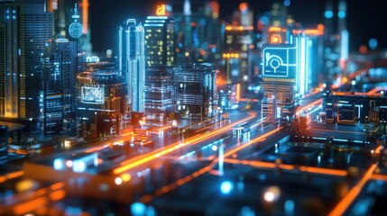 Poster - A highly detailed city featuring illuminated skyscrapers and smart city technology operated by artificial intelligence in a vibrant nighttime setting