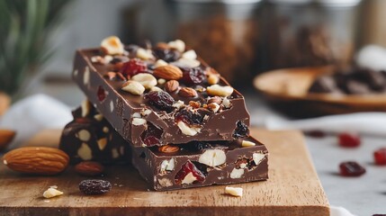 A close up of a raw vegan chocolate bar with nuts and dried fruit, placed on a wooden cutting board with a cozy kitchen backdrop