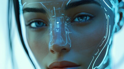 Poster - An advanced AGI system scans intricate data patterns, showcasing its analytical capabilities within a technologically advanced lab