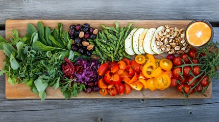 Wall Mural - A raw vegan antipasto platter with marinated vegetables, raw nut cheese, and fresh greens, beautifully arranged on a wooden board