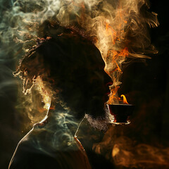 Sticker - A reggae musician's profile merging with the smoke from a burning chalice, the smoke and figure blending into a surreal double exposure. 64k, UHD, High definition a?